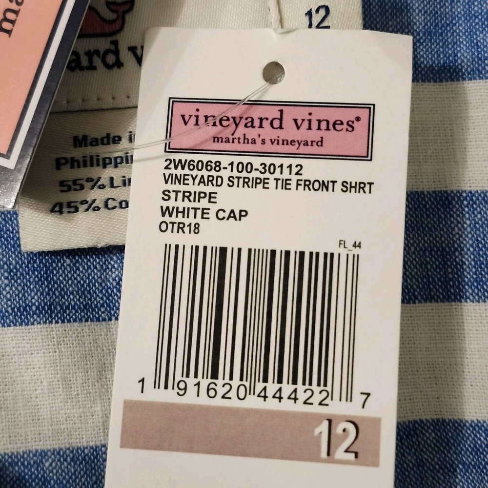 Vineyard Vines Womens Stripe Tie-Front Shirt Blue/White Size 12 Linen Button-Up - Picture 15 of 15